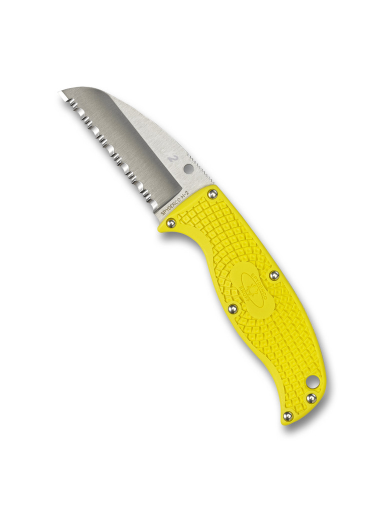 Spyderco Enuff Sheepsfoot Salt fixed blade knife - shown out of sheath obverse.  Satin H-2 stainless steel serrated edge blade.  Yellow FRN handle.  Model FB31SYL.