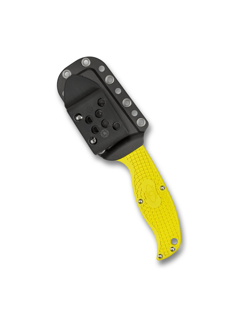 Spyderco Enuff Sheepsfoot Salt fixed blade knife - shown in sheath obverse.  Satin H-2 stainless steel serrated edge blade.  Yellow FRN handle.  Model FB31SYL.