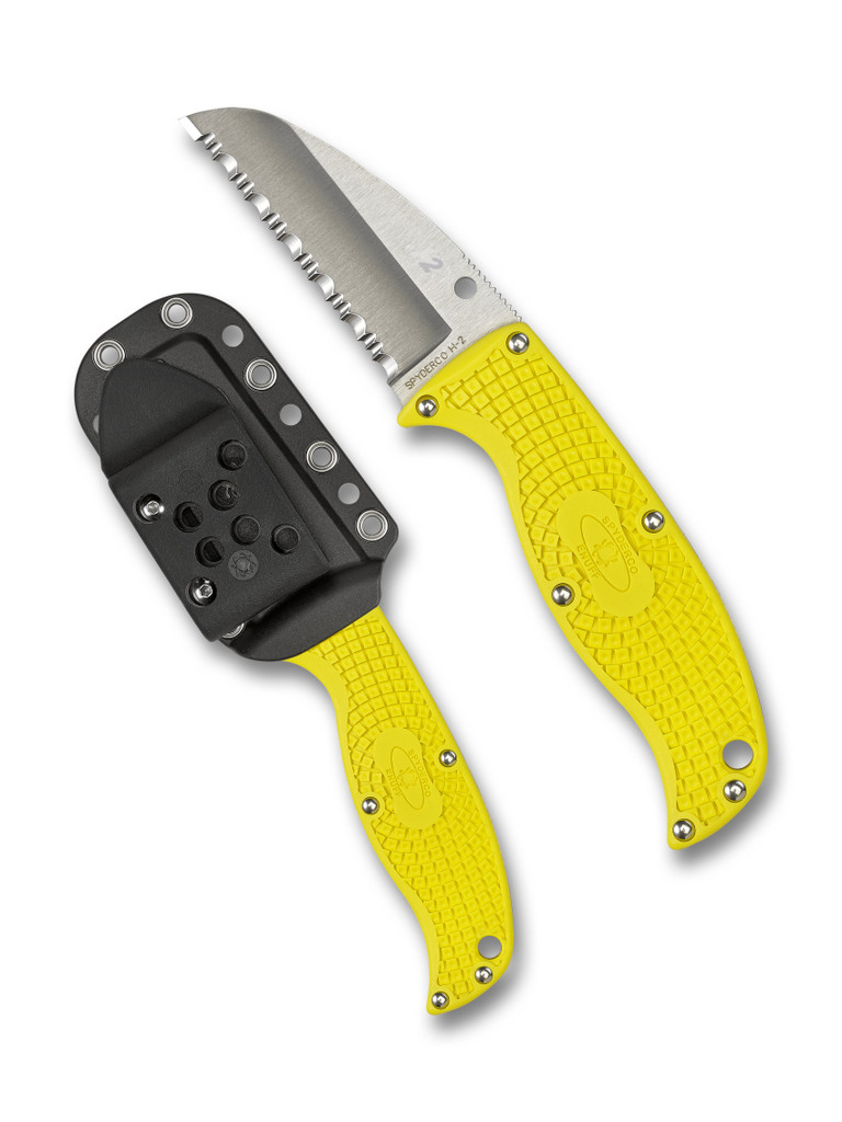 Spyderco Enuff Sheepsfoot Salt fixed blade knife - shown out of sheath obverse and in sheath obverse.  Satin H-2 stainless steel serrated edge blade.  Yellow FRN handle.  Model FB31SYL.