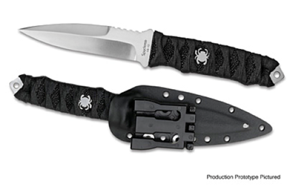 Spyderco Kumo fixed blade knife - shown out of sheath reverse and in sheath obverse.  Satin VG-10 stainless steel plain edge blade.  Black cord wrapped handle.  Model FB11P.
For reference only.
