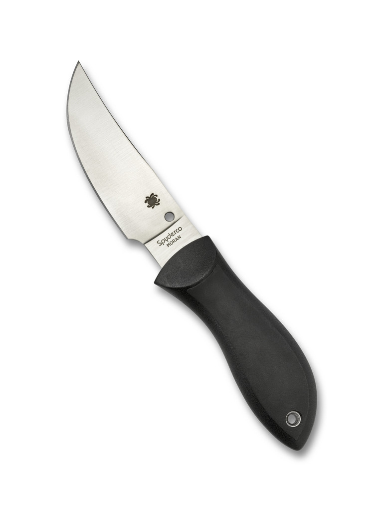 Spyderco Bill Moran Upswept fixed blade knife - shown out of sheath obverse.  Satin VG-10 stainless steel plain edge blade.  Black FRN handle with Kraton inserts.  Model FB01P.