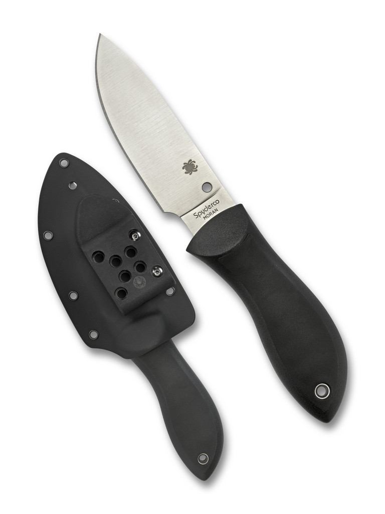 Spyderco Bill Moran Drop Point fixed blade knife - shown out of sheath obverse and in sheath obverse.  Satin VG-10 stainless steel plain edge blade.  Black FRN handle with Kraton inserts.  Model FB02P.