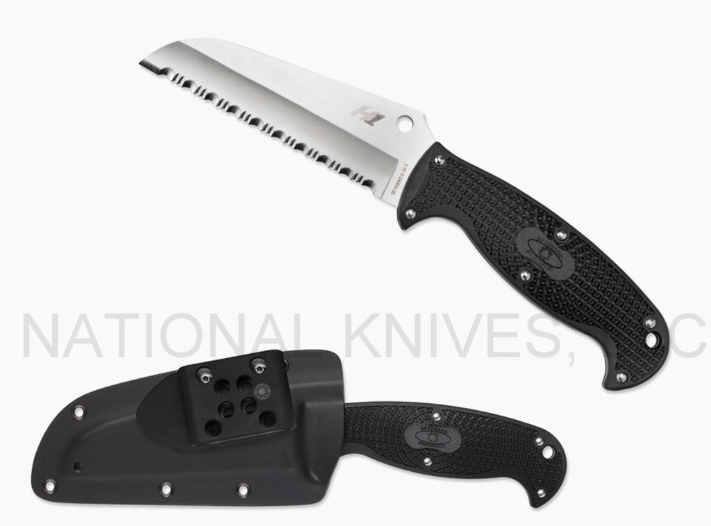Spyderco Jumpmaster fixed blade knife - shown out of sheath obverse and in sheath obverse.  Satin H-1 stainless steel serrated edge blade.  Black FRN handle.  Model FB24SBK.
For reference only.