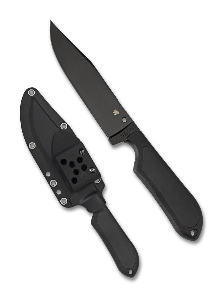 Spyderco Street Bowie fixed blade knife - shown out of sheath obverse and in sheath obverse.  Black VG-10 stainless steel plain edge blade.  Black FRN handle with Kraton inserts.  Model FB04PBB.