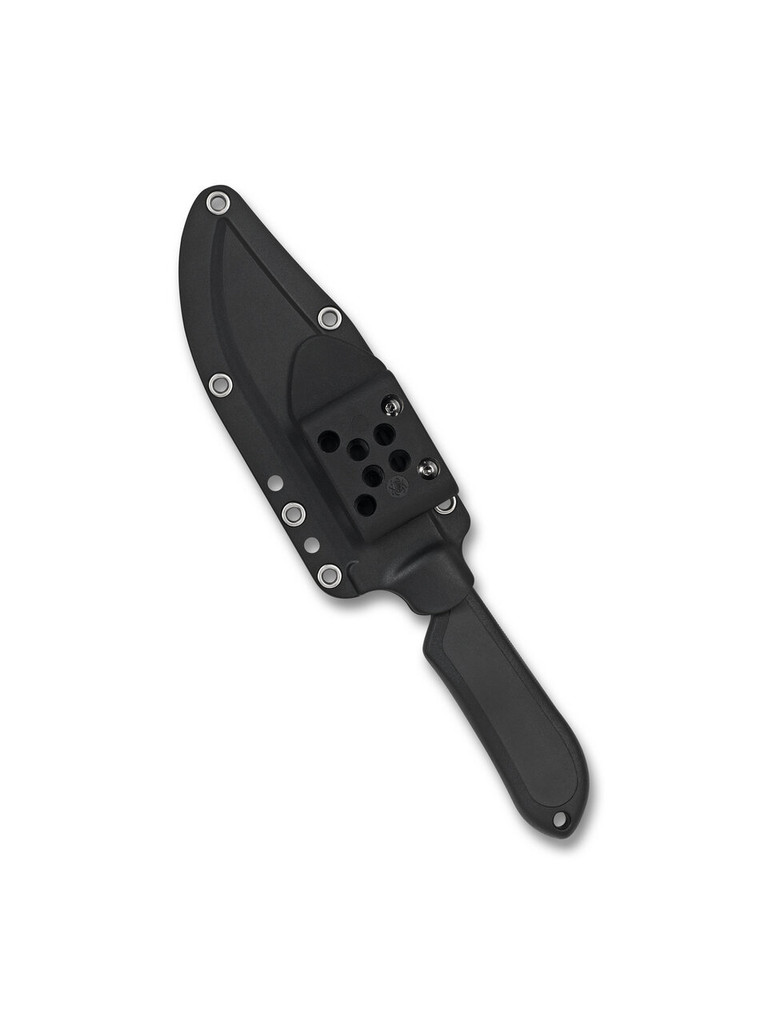 Spyderco Street Bowie fixed blade knife - shown sheath obverse.  Black VG-10 stainless steel plain edge blade.  Black FRN handle with Kraton inserts.  Model FB04PBB.