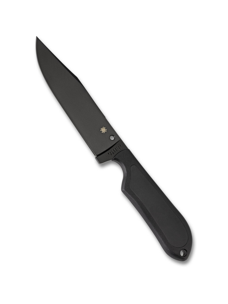 Spyderco Street Bowie fixed blade knife - shown out of sheath obverse.  Black VG-10 stainless steel plain edge blade.  Black FRN handle with Kraton inserts.  Model FB04PBB.