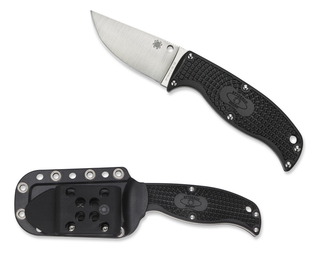 Spyderco Enuff Clip Point fixed blade knife - shown out of sheath reverse and in sheath reverse.  Satin VG-10 stainless steel plain edge blade.  Black FRN handle.  Model FB31CPBK.
For reference only.