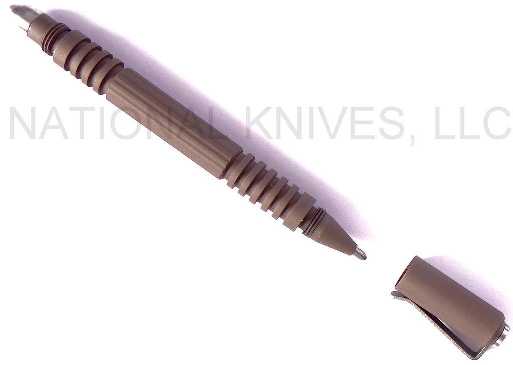 Rick HInderer Knives Investigator ink pen - shown with cap off.  PVD Flat Dark Earth aluminum body.
For reference only.