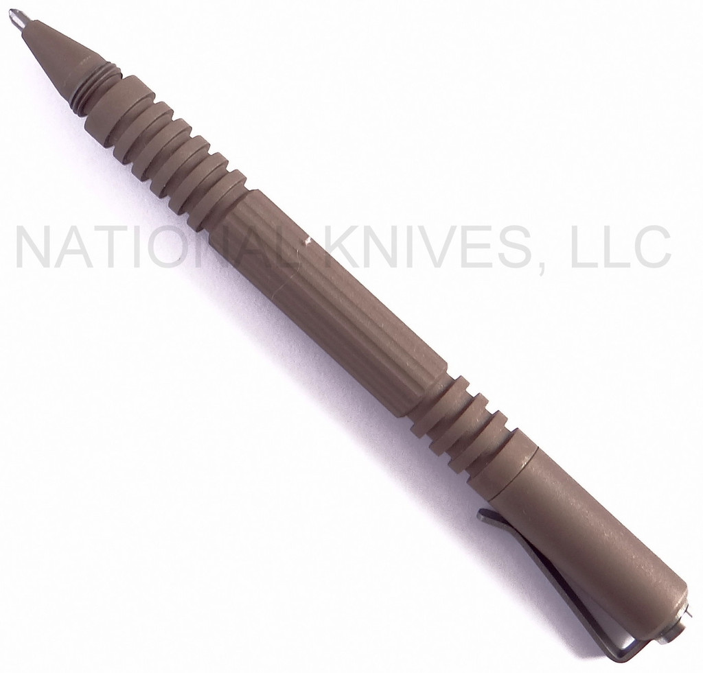 Rick HInderer Knives Investigator ink pen - shown with cap attached to back end.  PVD Flat Dark Earth aluminum body.
For reference only.