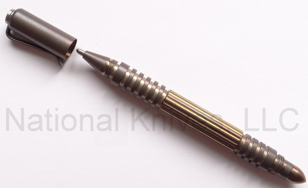 Rick HInderer Knives Investigator ink pen - shown with cap off.  Stonewash bronze titanium body.