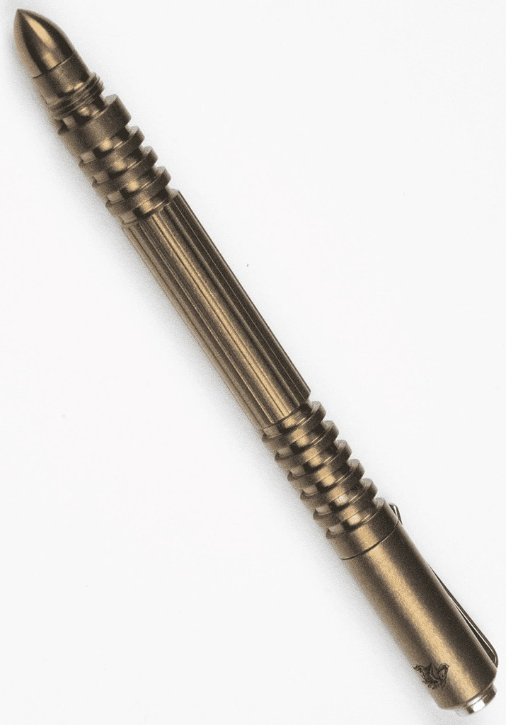 Rick HInderer Knives Investigator ink pen - shown with cap on.  Stonewash bronze titanium body.
