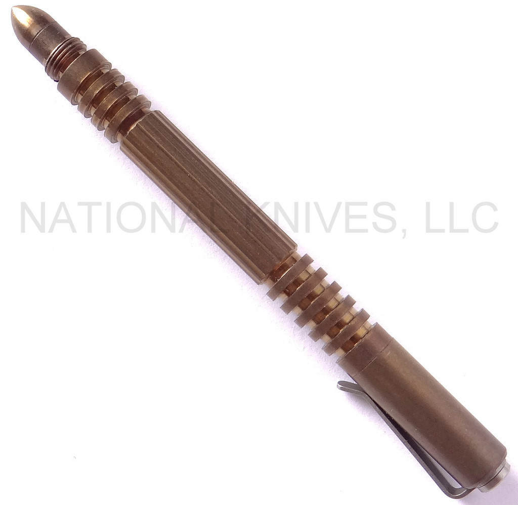 Rick HInderer Knives Investigator ink pen - shown with cap on.  Stonewash bronze titanium body.