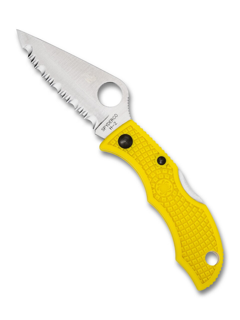 Spyderco Ladybug 3 Salt folding knife with thumb hole - shown open obverse.  Satin H-2 stainless steel serrated edge blade.  Yellow FRN handle.  Model LYLS3.