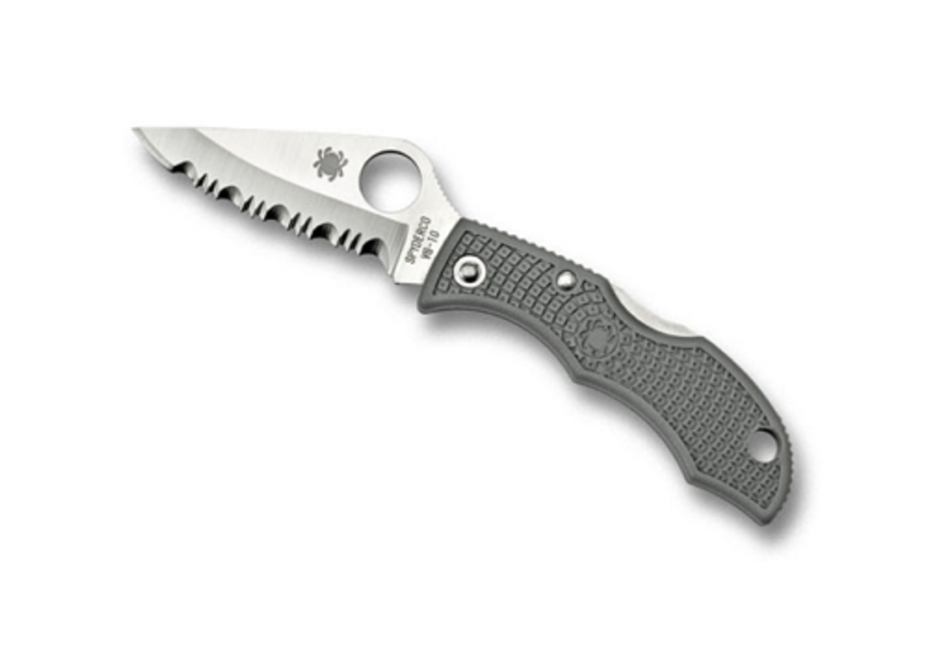 Spyderco Ladybug 3 folding knife with thumb hole - shown open obverse.  Satin VG-10 stainless steel serrated edge blade.  Foliage Green FRN handle.  Model LFGS3.
For reference only.