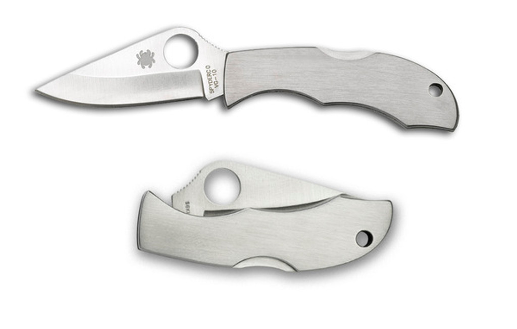Spyderco Ladybug 3 folding knife with thumb hole - shown open obverse and closed reverse.  Satin VG-10 stainless steel plain edge blade.  Stainless steel handle.  Model LSSP3.
For reference only.