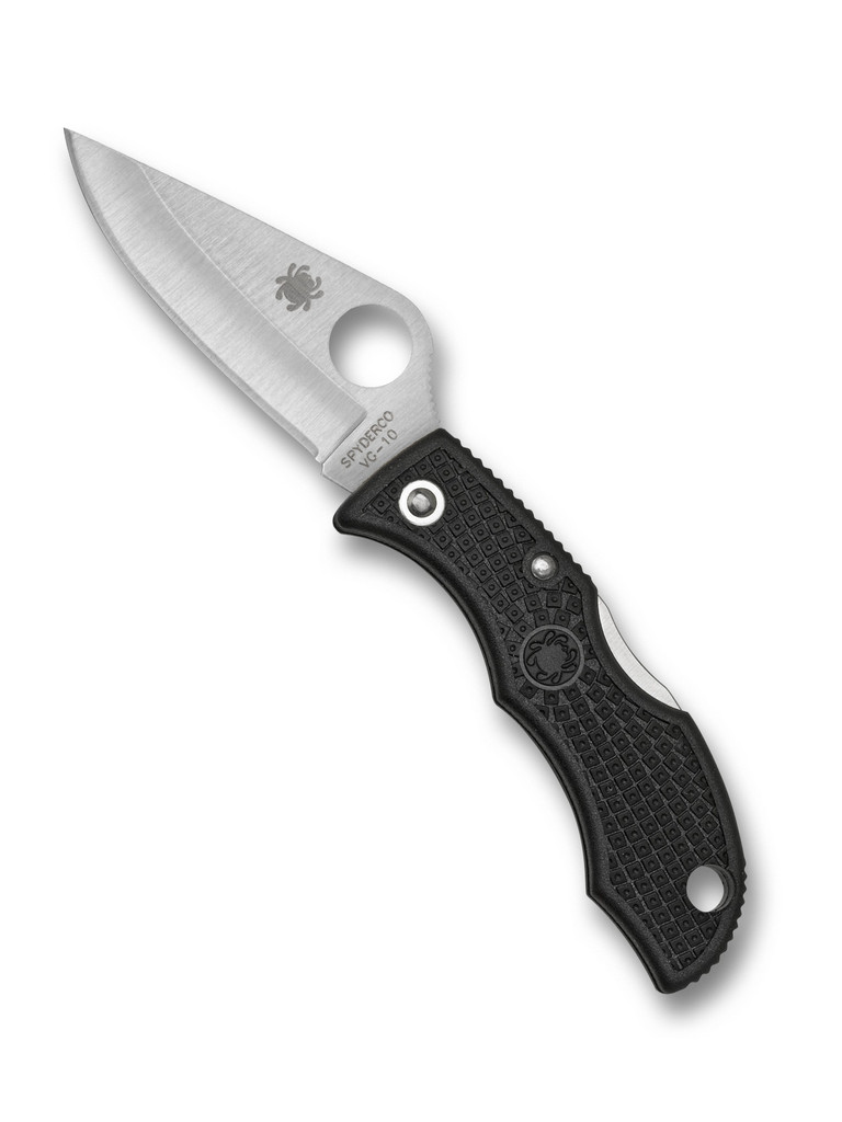 Spyderco Ladybug 3 folding knife with thumb hole - shown open obverse.  Satin VG-10 stainless steel plain edge blade.  Black FRN handle.  Model LBKP3.