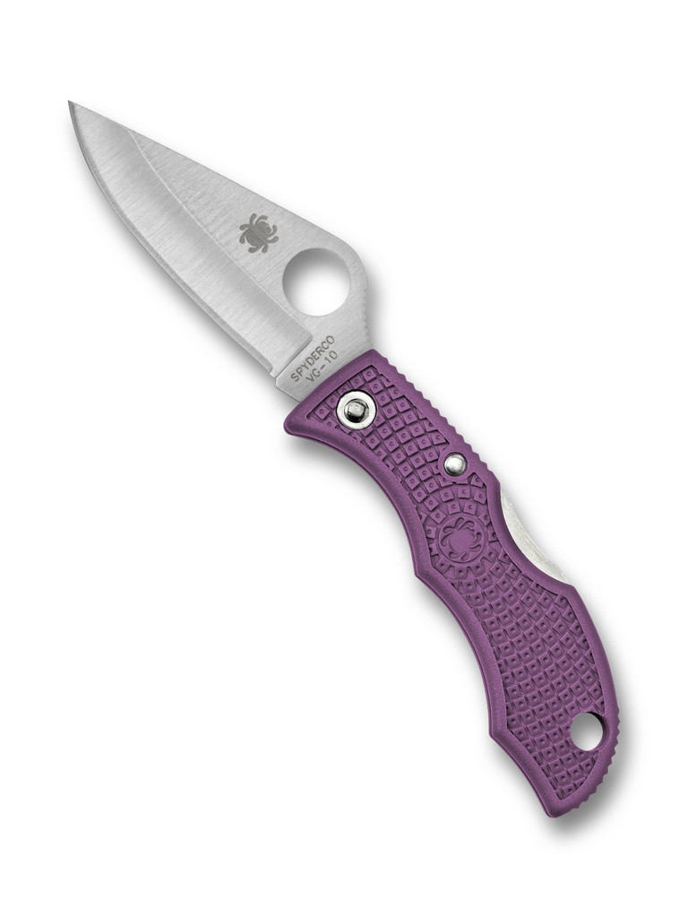 Spyderco Ladybug 3 folding knife with thumb hole - shown open obverse.  Satin VG-10 stainless steel plain edge blade.  Purple FRN handle.  Model LPRP3.