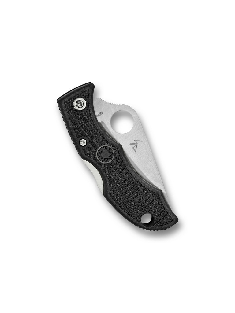 Spyderco Ladybug 3 folding knife with thumb hole - shown closed reverse.  Satin VG-10 stainless steel serrated edge blade.  Black FRN handle.  Model LBKS3.