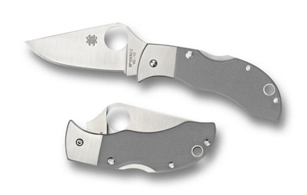 Spyderco Manbug folding knife with thumb hole - shown open obverse and closed reverse.  Satin ZDP-189 steel plain edge blade.  Gray G-10 with stainless steel bolster handle.  Model MGGYP.
For reference only.