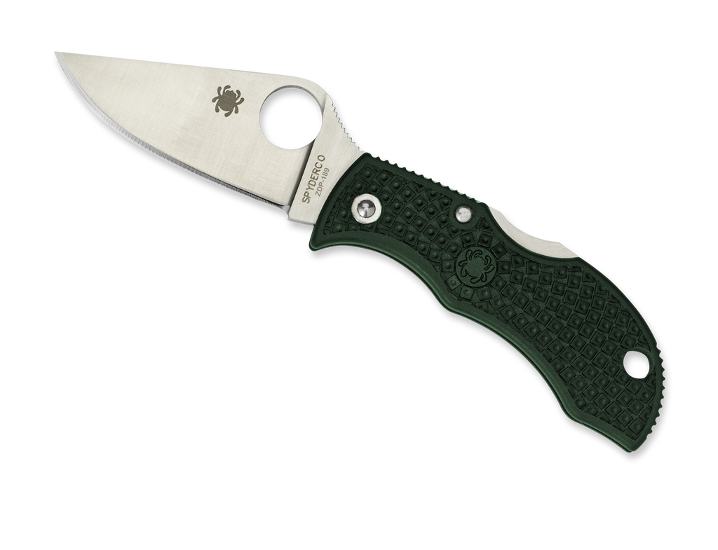 Spyderco Manbug folding knife with thumb hole - shown open obverse.  Satin ZDP-189 steel plain edge blade.  British Racing Green FRN handle.  Model MGREP.
For reference only.