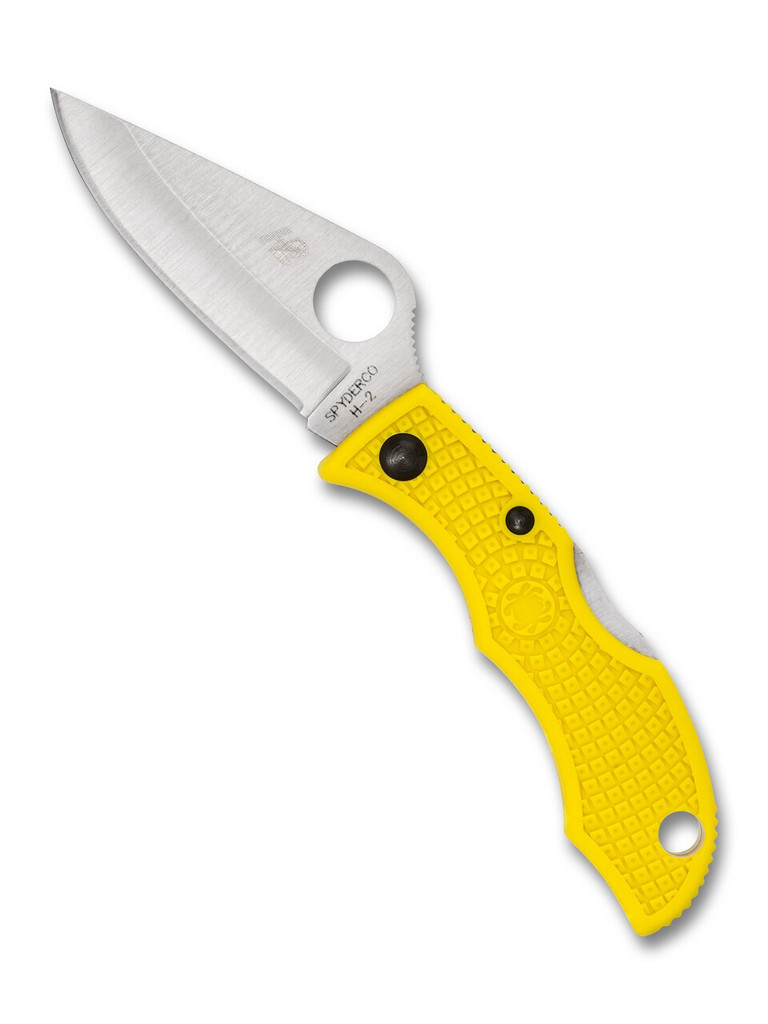 Spyderco Ladybug 3 Salt folding knife with thumb hole - shown open obverse.  Satin H-2 stainless steel plain edge blade.  Yellow FRN handle.  Model LYLP3.