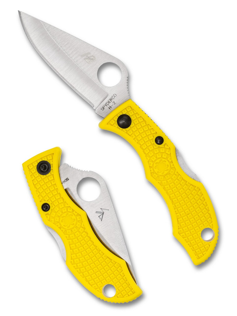 Spyderco Ladybug 3 Salt folding knife with thumb hole - shown open obverse and closed reverse.  Satin H-2 stainless steel plain edge blade.  Yellow FRN handle.  Model LYLP3.
