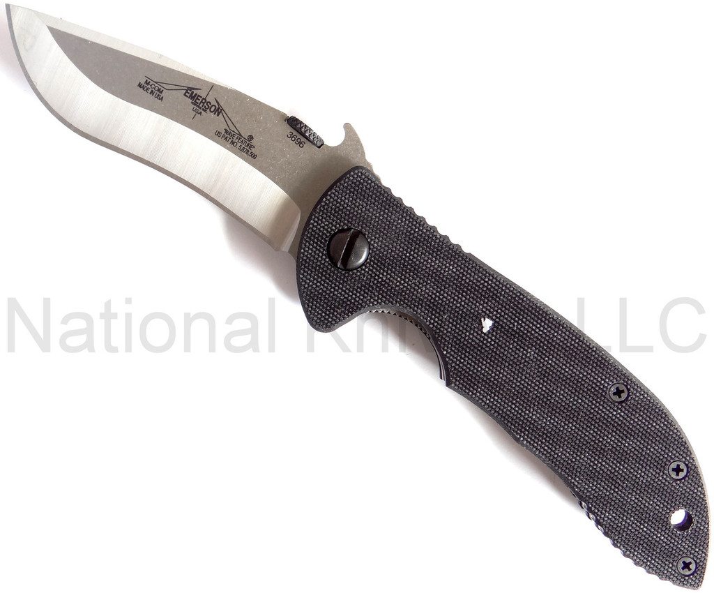 Emerson Knives Mini Commander SF folding knife with thumb disk and Emerson Wave opener - shown open presentation side.  Satin 154CM stainless steel plain edge blade.  Black G-10 handle.  Model M-COM-SF.