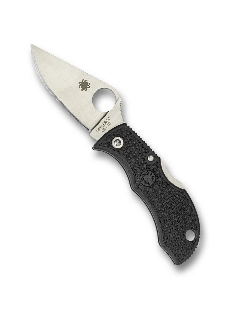 Spyderco Manbug folding knife with thumb hole - shown open obverse.  Satin VG-10 stainless steel plain edge blade.  Black FRN handle.  Model MBKP.