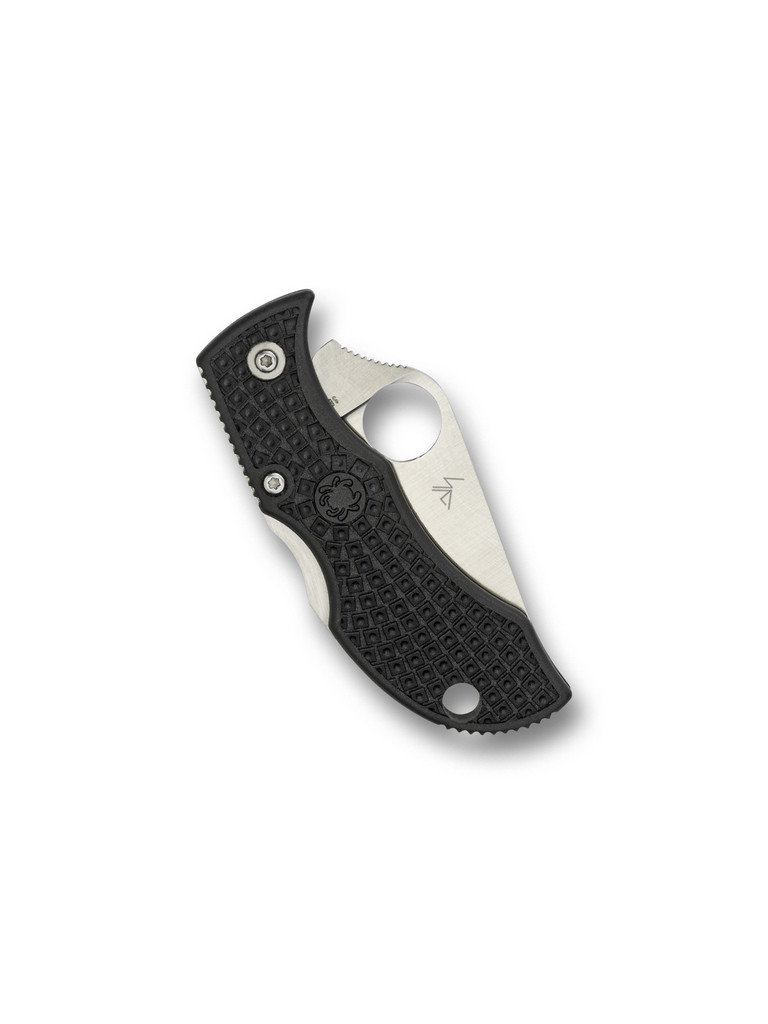Spyderco Manbug folding knife with thumb hole - shown closed reverse.  Satin VG-10 stainless steel plain edge blade.  Black FRN handle.  Model MBKP.