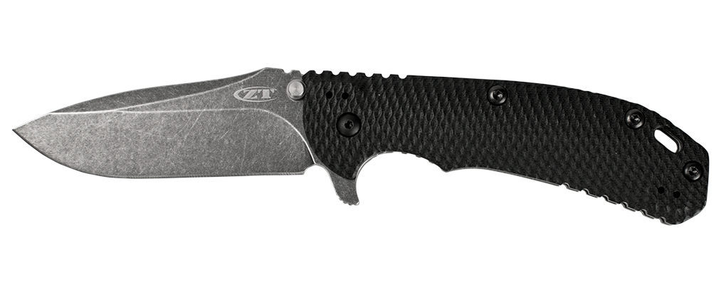 Zero Tolerance 0560BW folding knife with a flipper tab - open - logo side.  Black stonewashed 3.75" Elmax stainless steel plain edge blade.  Black G-10 handle with a gray titanium lock side.  Model 0560BW.
For reference only.