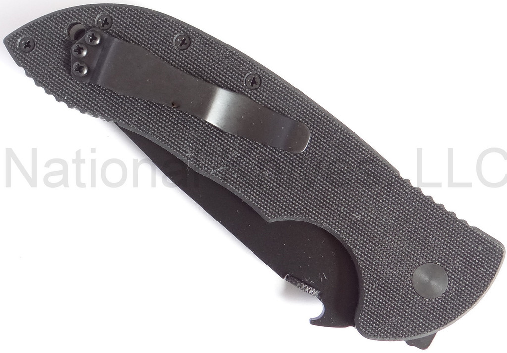 Emerson Knives Super Commander BT folding knife with thumb disk and Emerson Wave opener - shown closed pocket clip side.  Black 154CM stainless steel plain edge blade.  Black G-10 handle.  Model S-COMM-BT.
