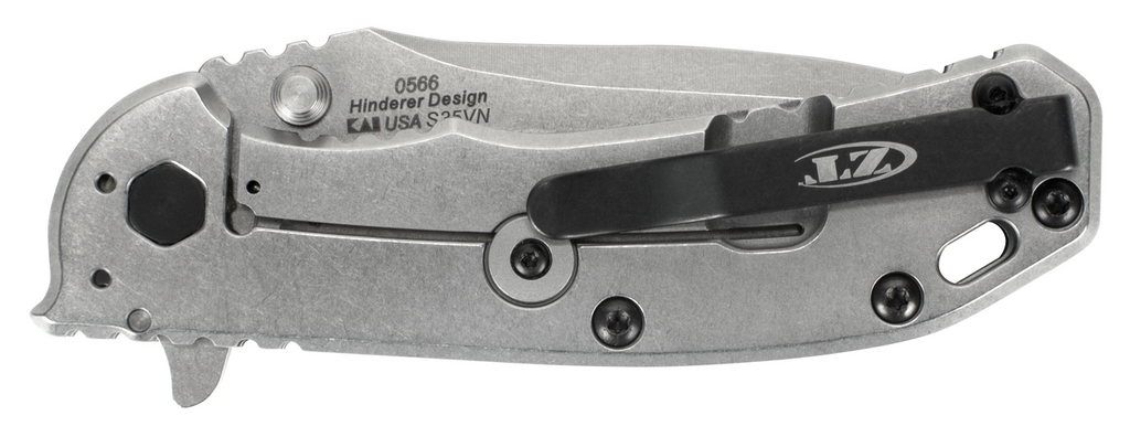 Zero Tolerance 0566 assisted opening folding knife with flipper tab - shown closed lock side.  Stonewashed S35VN stainless steel plain edge blade.  Black G-10 handle with stainless steel lock side.  Model 0566.
For reference only.