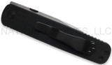 Emerson Knives A-100 SFS folding knife with thumb disk - shown closed pocket clip.  Stonewashed 154CM stainless steel partially serrated edge blade.  Black G-10 handle.  Model A-100-SFS.