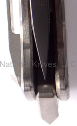 Medford Knives Praetorian folding knife with thumb groove - close up of blade tip shown.  Black Oxide D2 steel plain edge blade.  Flame anodized titanium handle.  Model MK12DPT-03FL.
For reference only. Medford Knives Praetorian folding knife with thumb groove - close up of blade tip shown.  Black Oxide D2 steel plain edge blade.  Flame anodized titanium handle.  Model MK12DPT-03FL.
For reference only.