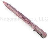 Rick Hinderer Knives Investigator ink pen - shown with cap attached to back.  DLC pink camo aluminum construction.  Model P5801004NP.
For reference only.
