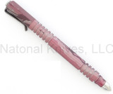 Rick Hinderer Knives Investigator ink pen - shown with cap on.  DLC pink camo aluminum construction.  Model P5801004NP.
For reference only.
