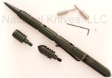 Rick Hinderer Knives Modular Kubaton ink pen set - shown cap screwed on end with accessories.  Olive Drab aluminum construction.  
For reference only.
