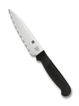 Spyderco Culinary Kitchen Paring Knife - obverse shown. Satin MBS-26 stainless steel serrated edge blade. Black Polypropylene handle. Model K05SBK. Spyderco Culinary Kitchen Paring Knife - obverse shown. Satin MBS-26 stainless steel serrated edge blade. Black Polypropylene handle. Model K05SBK.