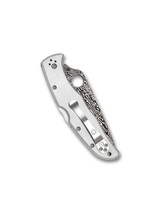 Spyderco Endura 4 folding knife with thumb hole - shown closed pocket clip side.  VG-10 Damascus steel plain edge blade.  Titanium handle.  Model C10TIPD.