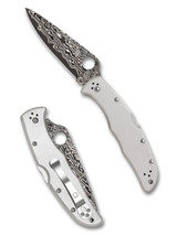 Spyderco Endura 4 folding knife with thumb hole - shown open presentation side and closed pocket clip side. VG-10 Damascus steel plain edge blade. Titanium handle. Model C10TIPD. Spyderco Endura 4 folding knife with thumb hole - shown open presentation side and closed pocket clip side. VG-10 Damascus steel plain edge blade. Titanium handle. Model C10TIPD.