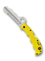 Spyderco Assist Rescue Salt folding knife with thumb hole - shown open presentation side.  Satin H-2 stainless steel combo edge blade.  Yellow FRN handle.  Model C79PSYL.