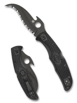 Spyderco Matriarch 2 Emerson folding knife with thumb hole and Emerson Wave Opener - shown open presentation side and closed pocket clip side.  Black VG-10 stainless steel serrated edge blade.  Black FRN handle.  Model C12SBBK2W.