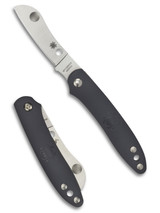 Spyderco Roadie Slipjoint folding knife with Double Dent - shown open obverse and closed reverse.  Satin N690Co stainless steel plain edge blade.  Gray FRN handle.  Model C189PGY.