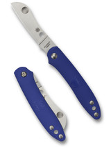 Spyderco Roadie Slipjoint folding knife with Double Dent - shown open obverse and closed reverse.  Satin N690Co stainless steel plain edge blade.  Blue FRN handle.  Model C189PBL.