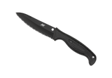 Spyderco Aqua Salt fixed blade knife - shown out of sheath obverse.  Black H-1 stainless steel serrated edge blade.  Black FRN handle.  Model FB23SBBK.
For reference only.