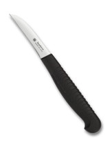 Spyderco Culinary Kitchen Mini Paring Knife - obverse shown.  Satin MBS-26 stainless steel plain edge blade.  Black Polypropylene handle.  Model K09PBK.
