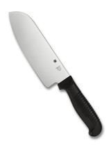 Spyderco Culinary Kitchen Santoku Knife - obverse shown. Satin MBS-26 stainless steel plain edge blade. Black Polypropylene handle. Model K08PBK. Spyderco Culinary Kitchen Santoku Knife - obverse shown. Satin MBS-26 stainless steel plain edge blade. Black Polypropylene handle. Model K08PBK.