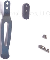 Rick Hinderer Knives Pocket Clip and Filler Tab Set with screws- reverse. Stonewash blue construction.  Model K0020101BL.