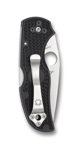 Spyderco Native 5 folding knife with thumb hole - shown closed pocket clip side.  Satin S30V stainless steel serrated edge blade.  Black FRN handle.  Model C41SBK5.