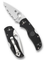 Spyderco Native 5 folding knife with thumb hole - shown open presentation side and closed pocket clip side.  Satin S30V stainless steel serrated edge blade.  Black FRN handle.  Model C41SBK5.